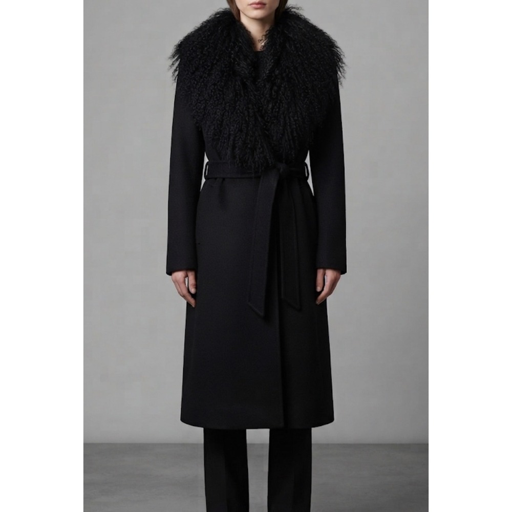 Gallery VTG Black Wool Blend Coat with Lamb Fur Trim Collar